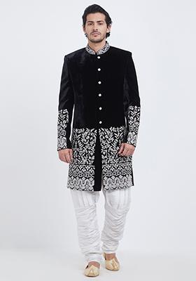 Black Embroidered Velvet Sherwani For Men