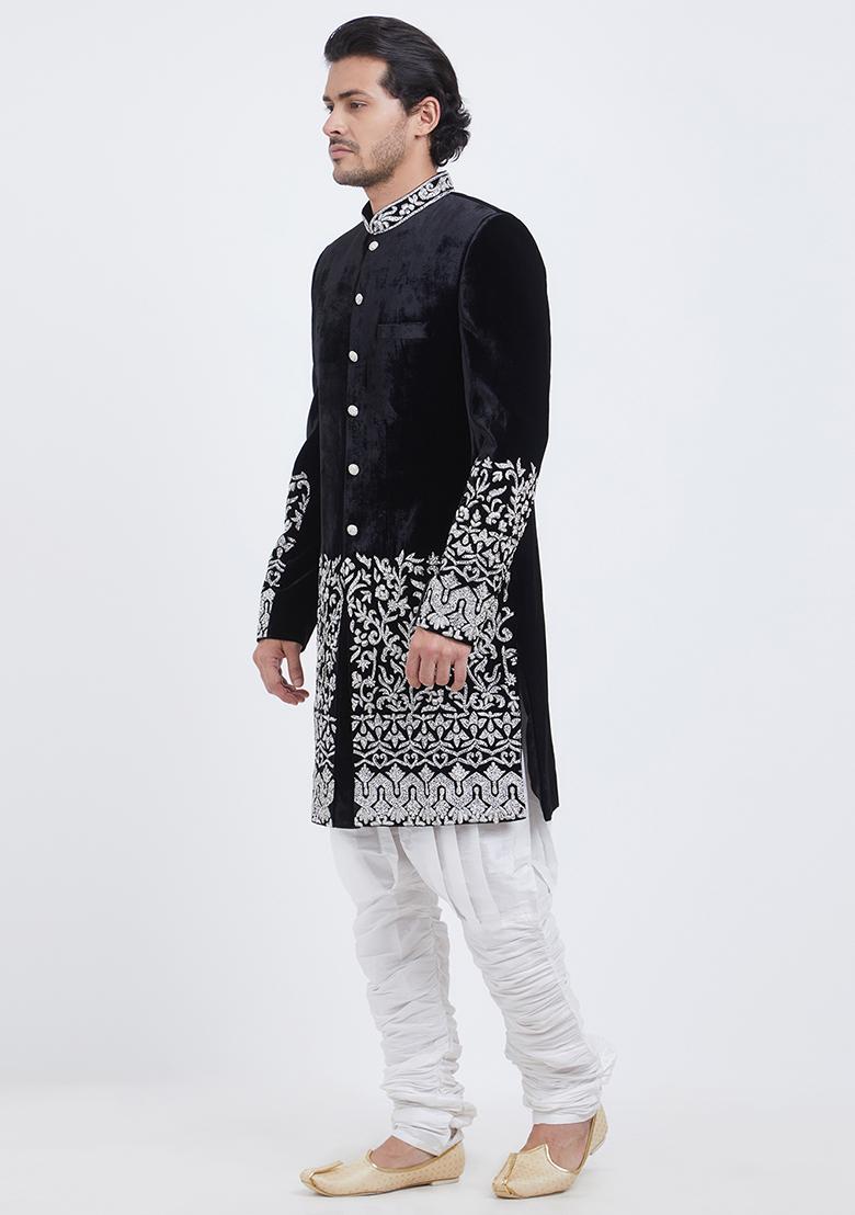 Black Embroidered Velvet Sherwani For Men
