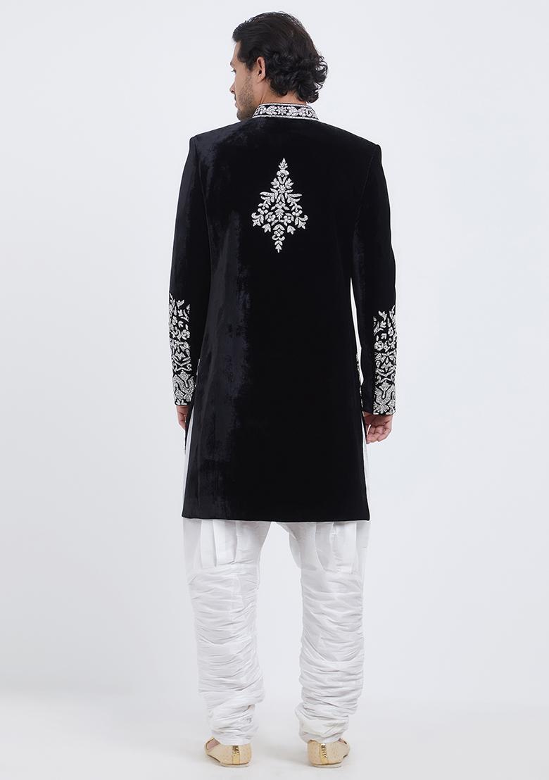 Black Embroidered Velvet Sherwani For Men