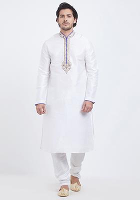 Off White Embroidered Silk Kurta Set For Men