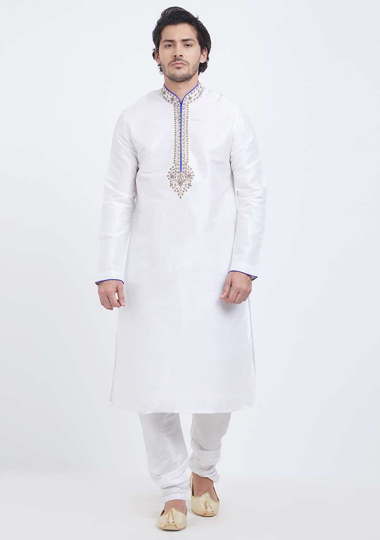 Off White Embroidered Silk Blend Kurta Set For Men - Indya