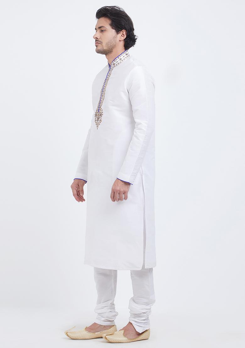 Off White Embroidered Silk Kurta Set For Men