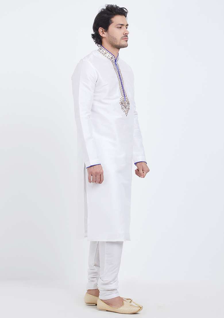 Off White Embroidered Silk Blend Kurta Set For Men - Indya
