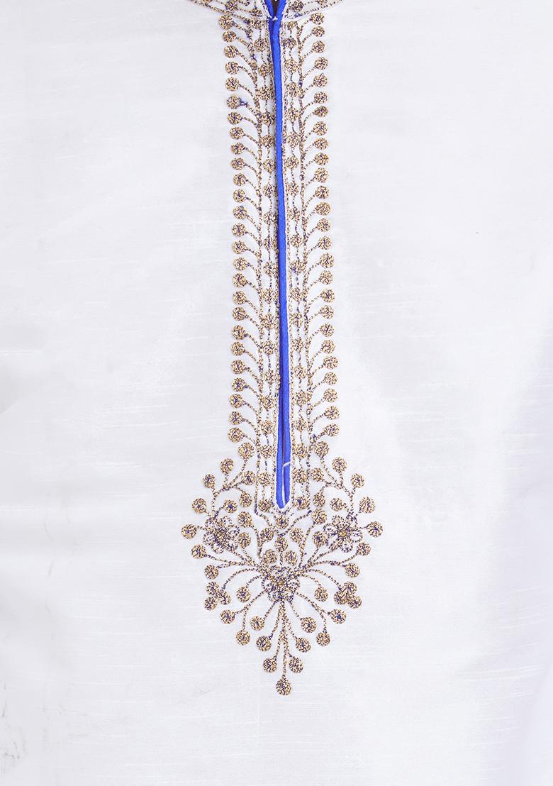 Off White Embroidered Silk Kurta Set For Men