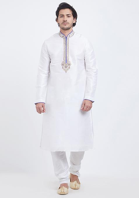 Off White Embroidered Silk Kurta Set For Men