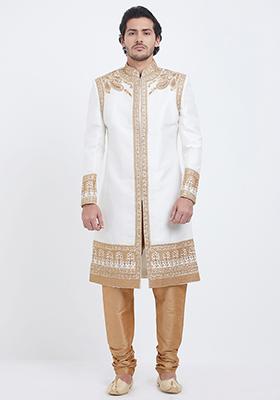 Off White Embroidered Silk Sherwani For Men