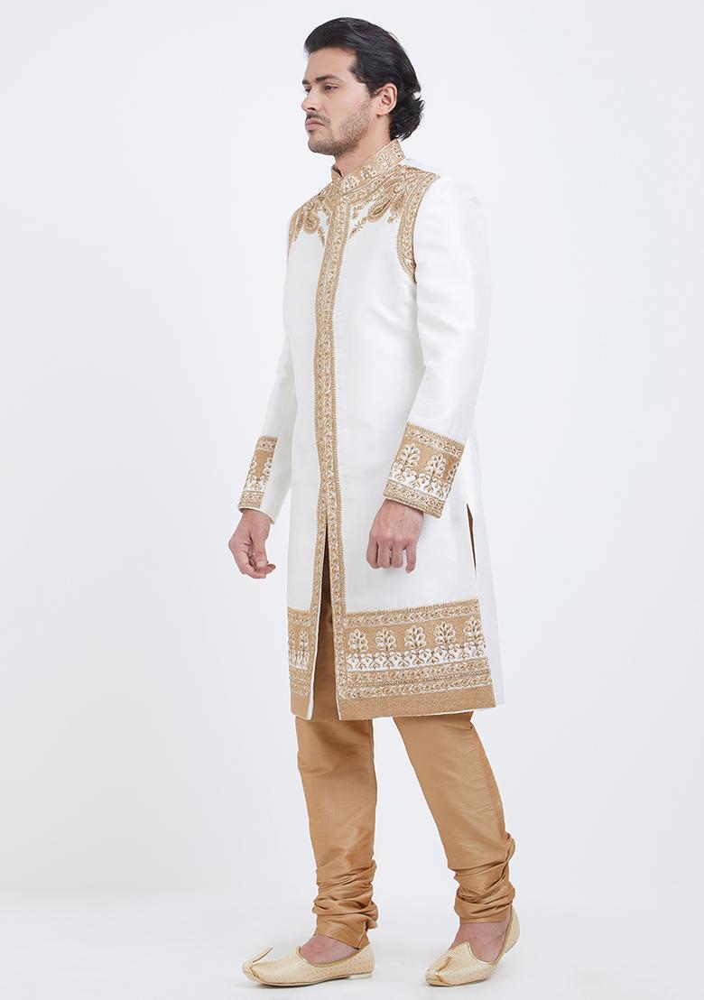 Off White Embroidered Silk Sherwani For Men