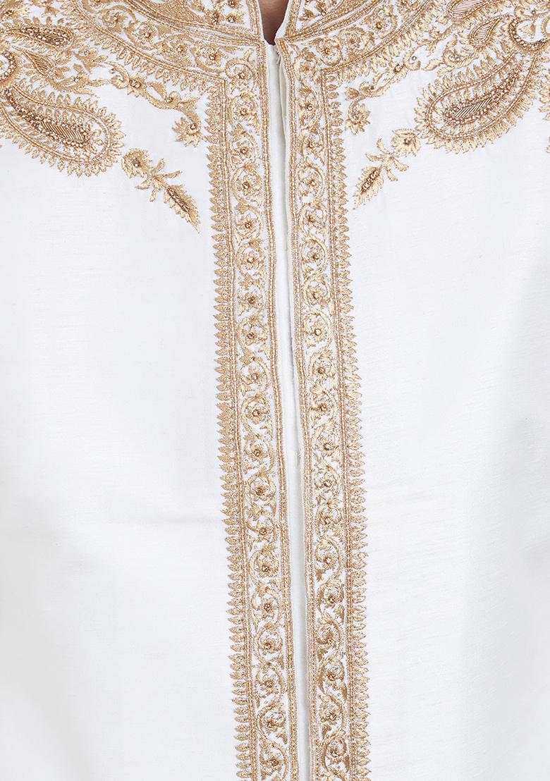 Off White Embroidered Silk Sherwani For Men
