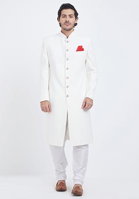 Off White Plain Silk Sherwani For Men