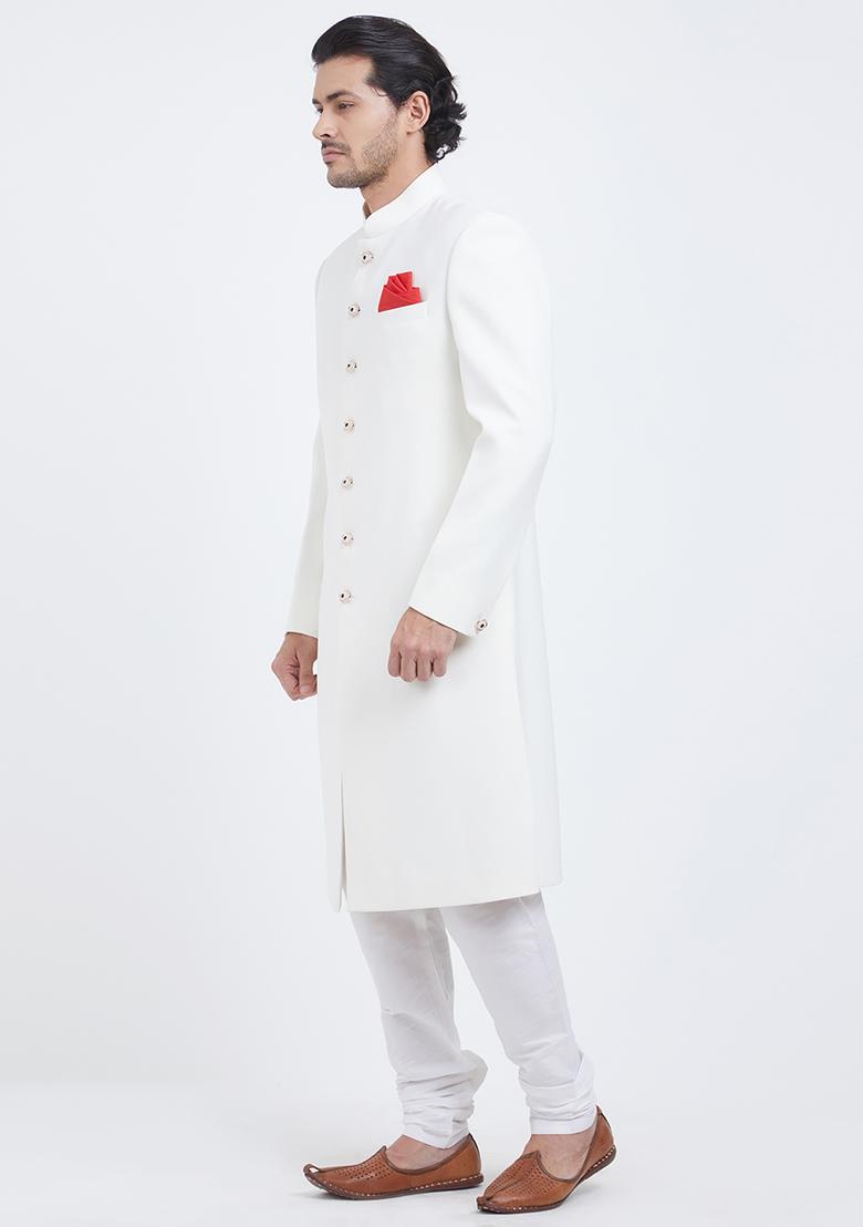 Off White Plain Silk Sherwani For Men