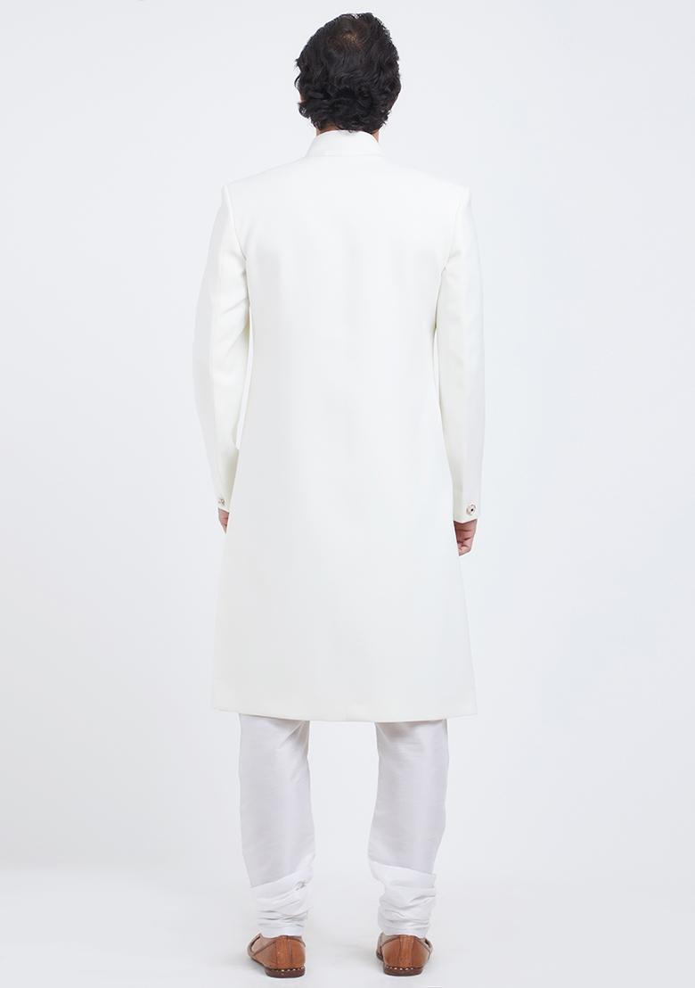 Off White Plain Silk Sherwani For Men
