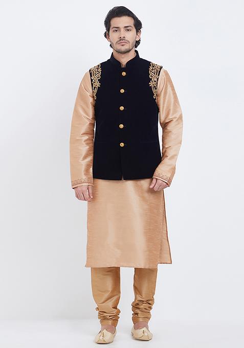 Black Embroidered Velvet Nehru Jackets & Sets