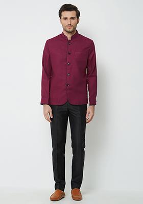 Maroon Plain Cotton Kurta Set For Men