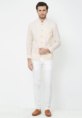 Cream Plain Cotton Kurta Set For Men