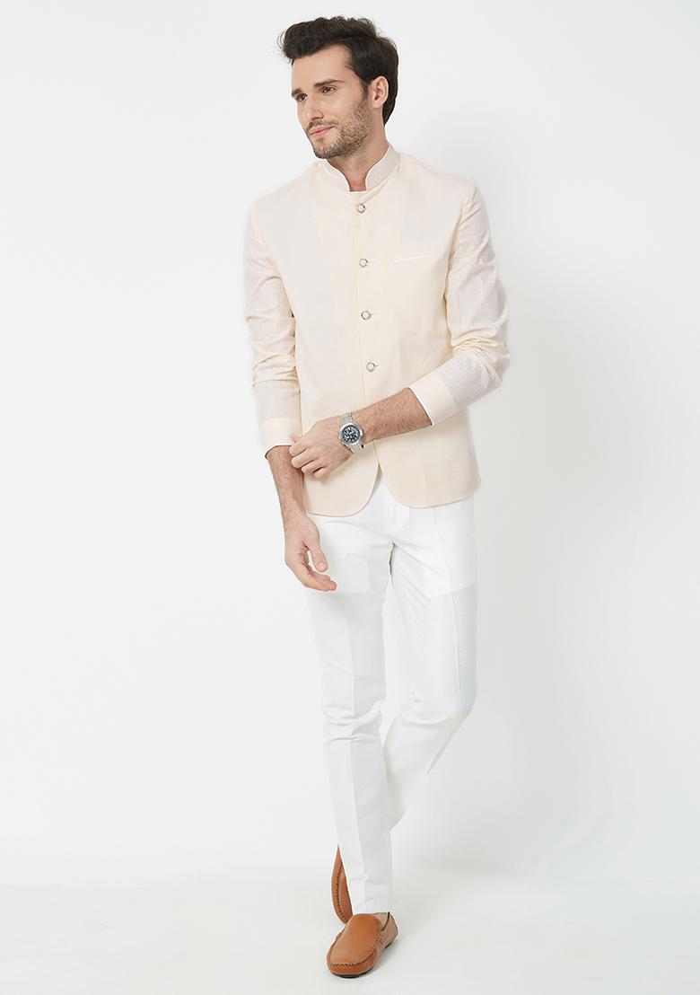 Cream Plain Cotton Kurta Set For Men