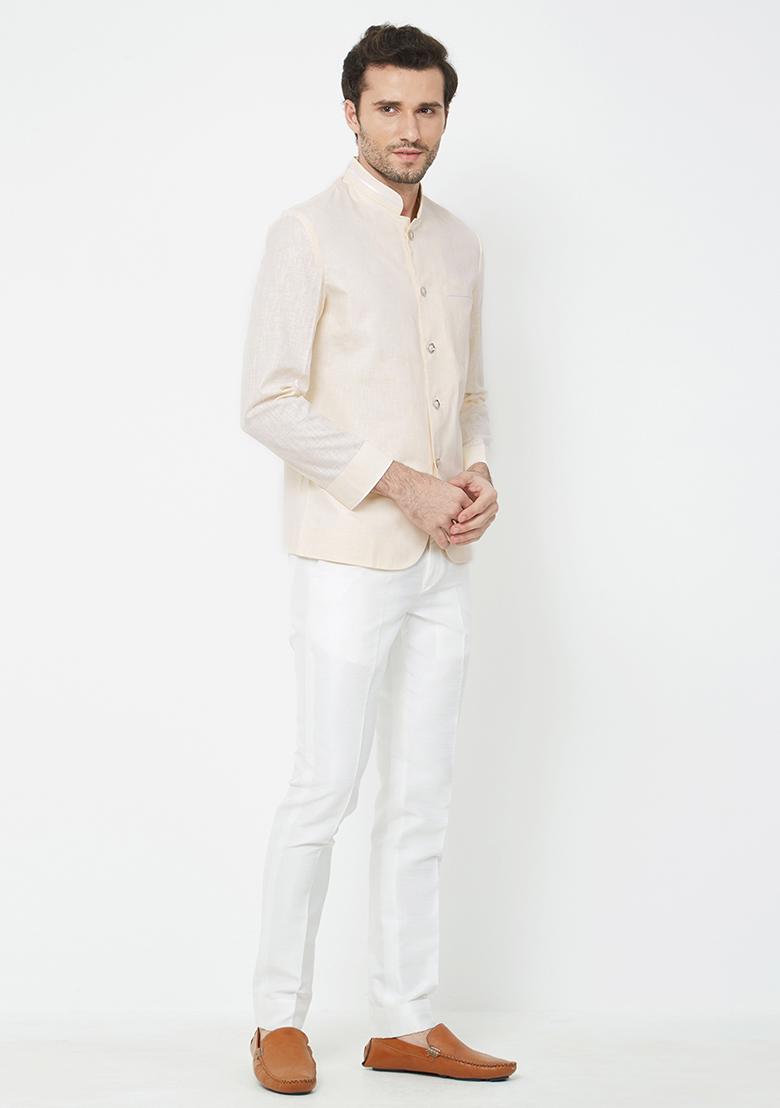 Cream Plain Cotton Kurta Set For Men