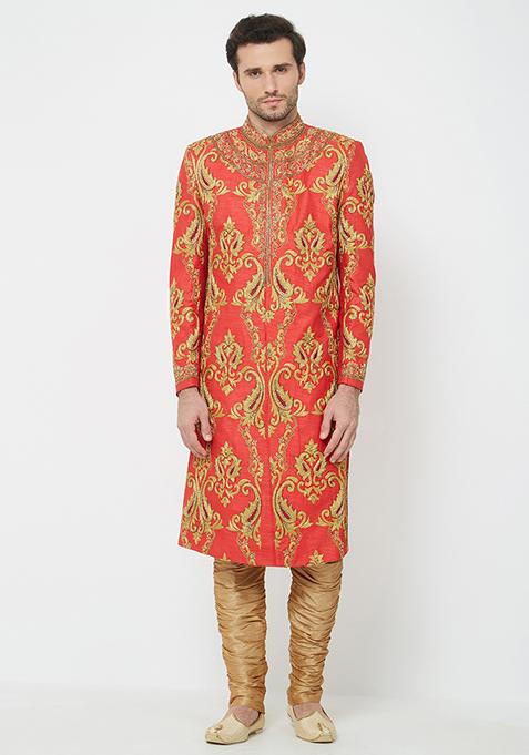Red Embroidered Silk Sherwani For Men