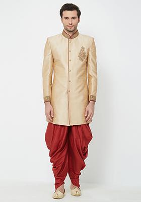 Chiku Brown Embroidered Silk Sherwani For Men