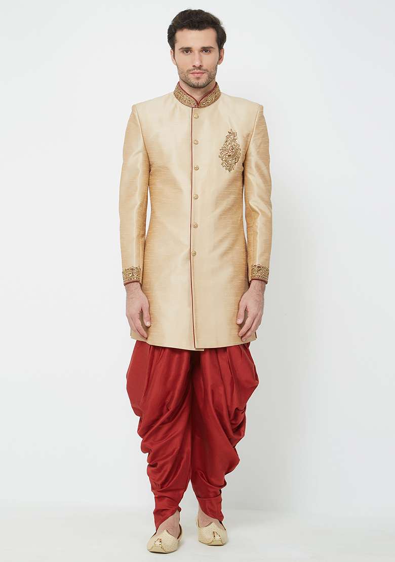 Chiku Brown Embroidered Silk Blend Sherwani For Men - Indya