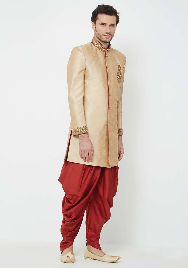 Chiku Brown Embroidered Silk Blend Sherwani For Men - Indya
