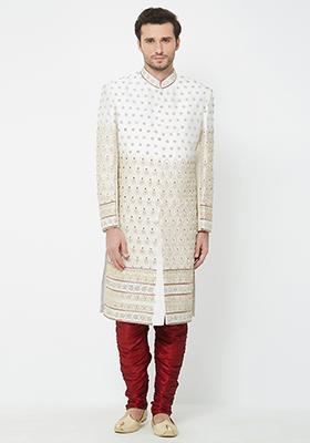 Cream Embroidered Silk Sherwani For Men