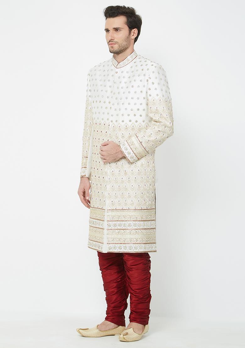 Cream Embroidered Silk Sherwani For Men