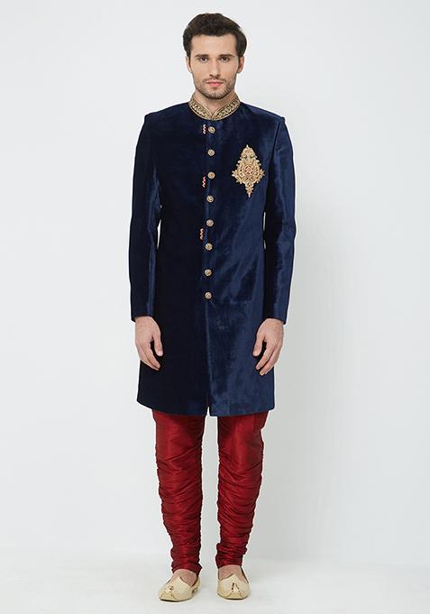 Navy Blue Embroidered Velvet Sherwani For Men