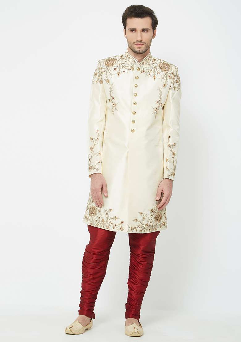 Fawn Yellow Embroidered Silk Sherwani For Men - Indya