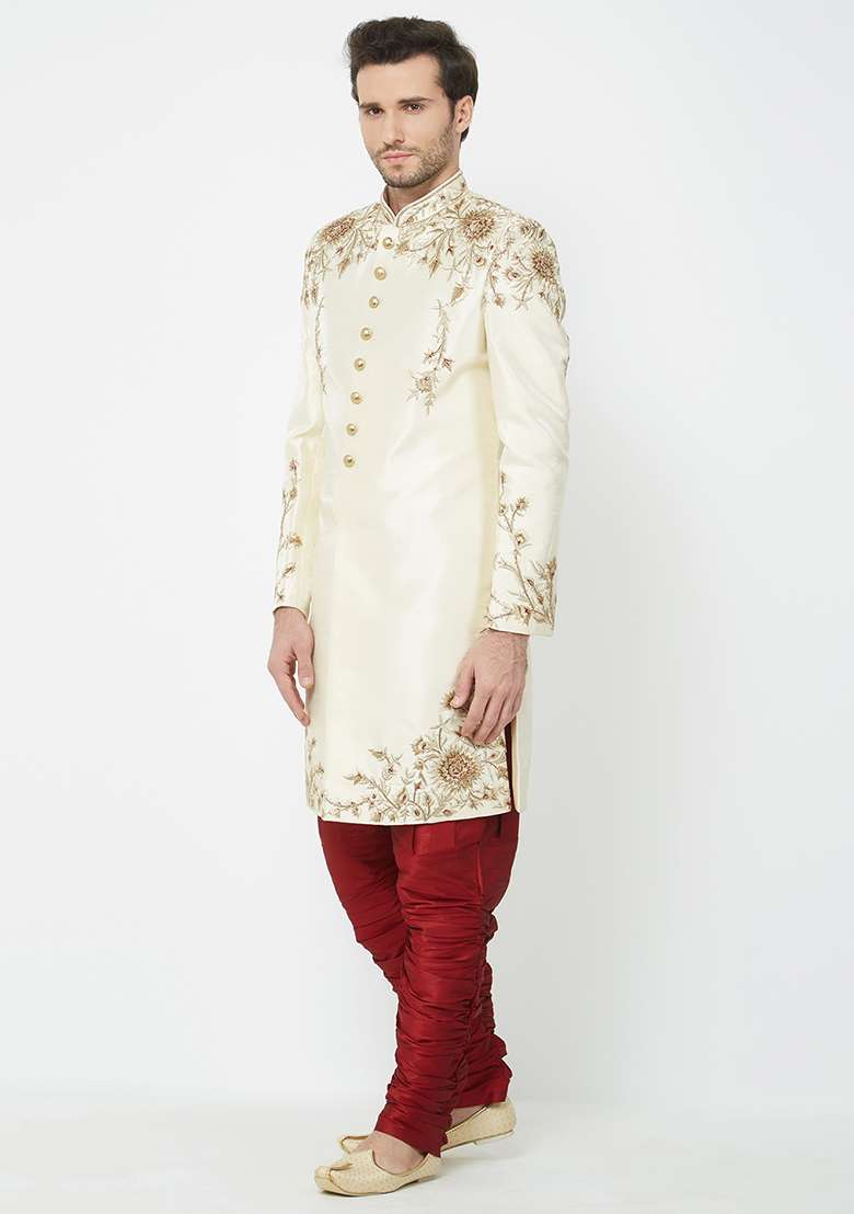 Fawn Yellow Embroidered Silk Sherwani For Men - Indya