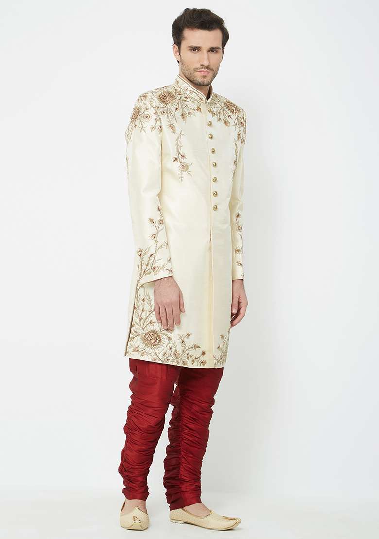 Fawn Yellow Embroidered Silk Sherwani For Men - Indya