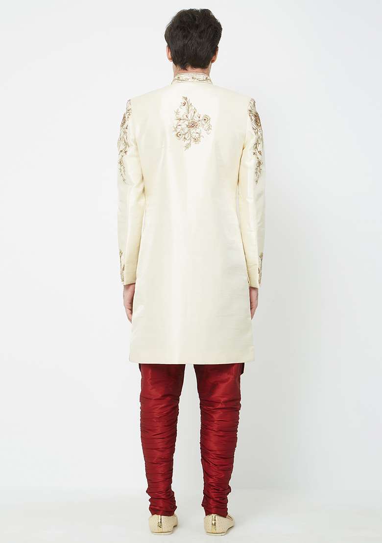 Fawn Yellow Embroidered Silk Sherwani For Men - Indya