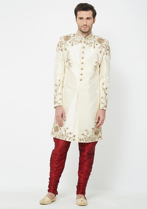 Fawn Yellow Embroidered Silk Sherwani For Men