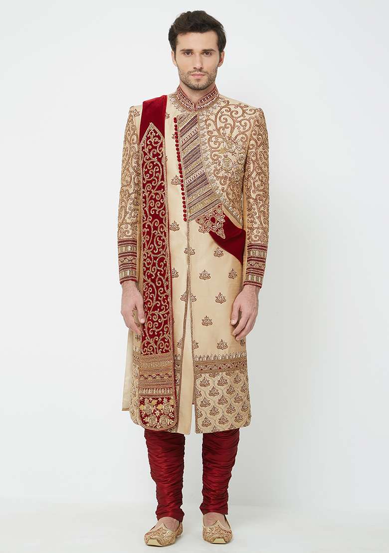Gold Embroidered Silk Sherwani For Men - Indya