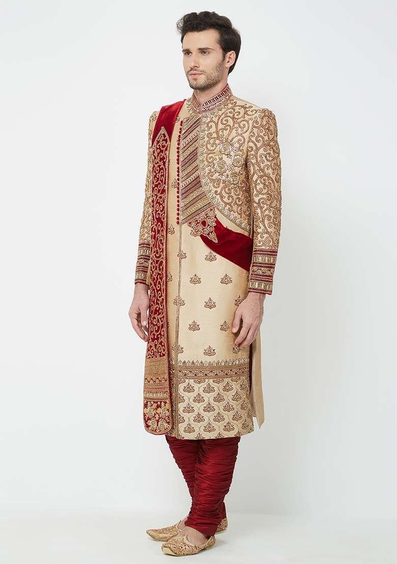 Gold Embroidered Silk Sherwani For Men - Indya