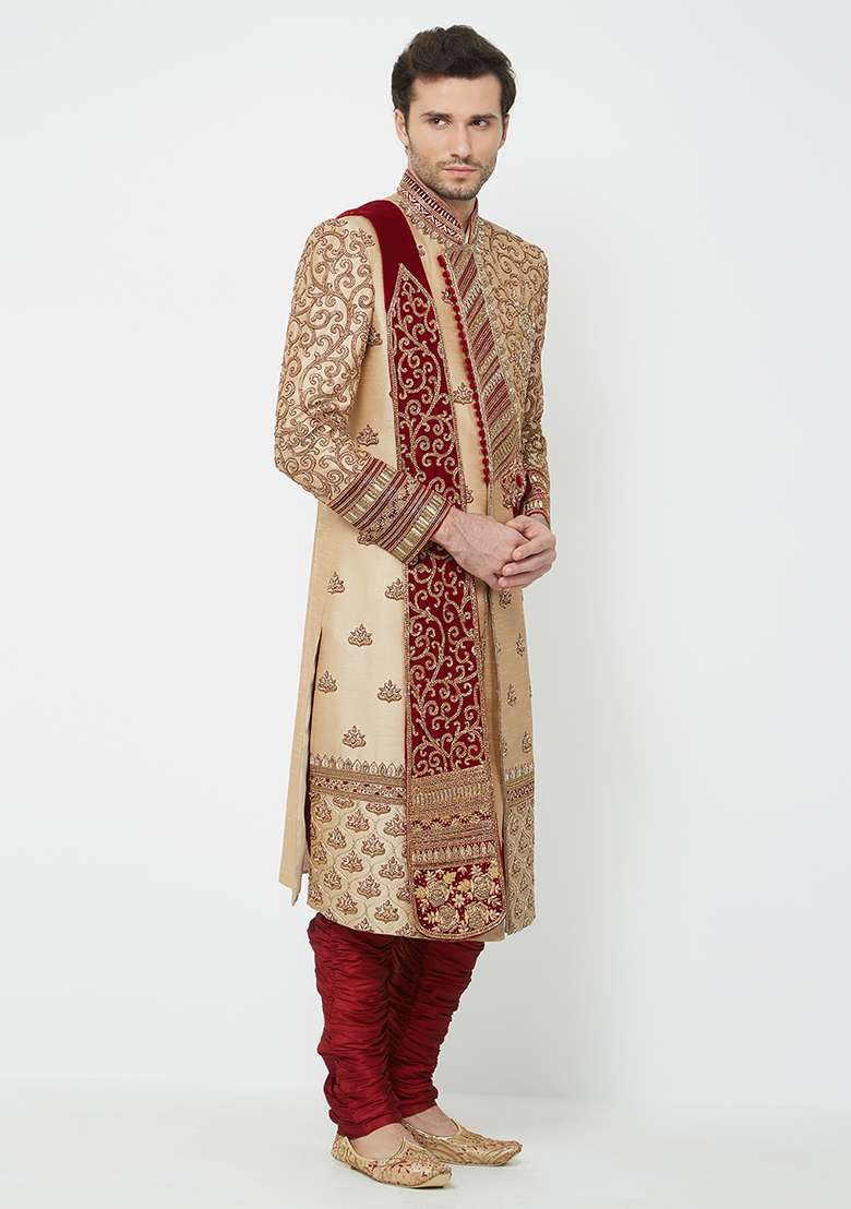 Gold Embroidered Silk Sherwani For Men - Indya