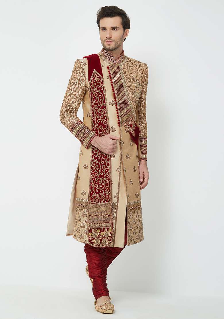 Gold Embroidered Silk Sherwani For Men - Indya