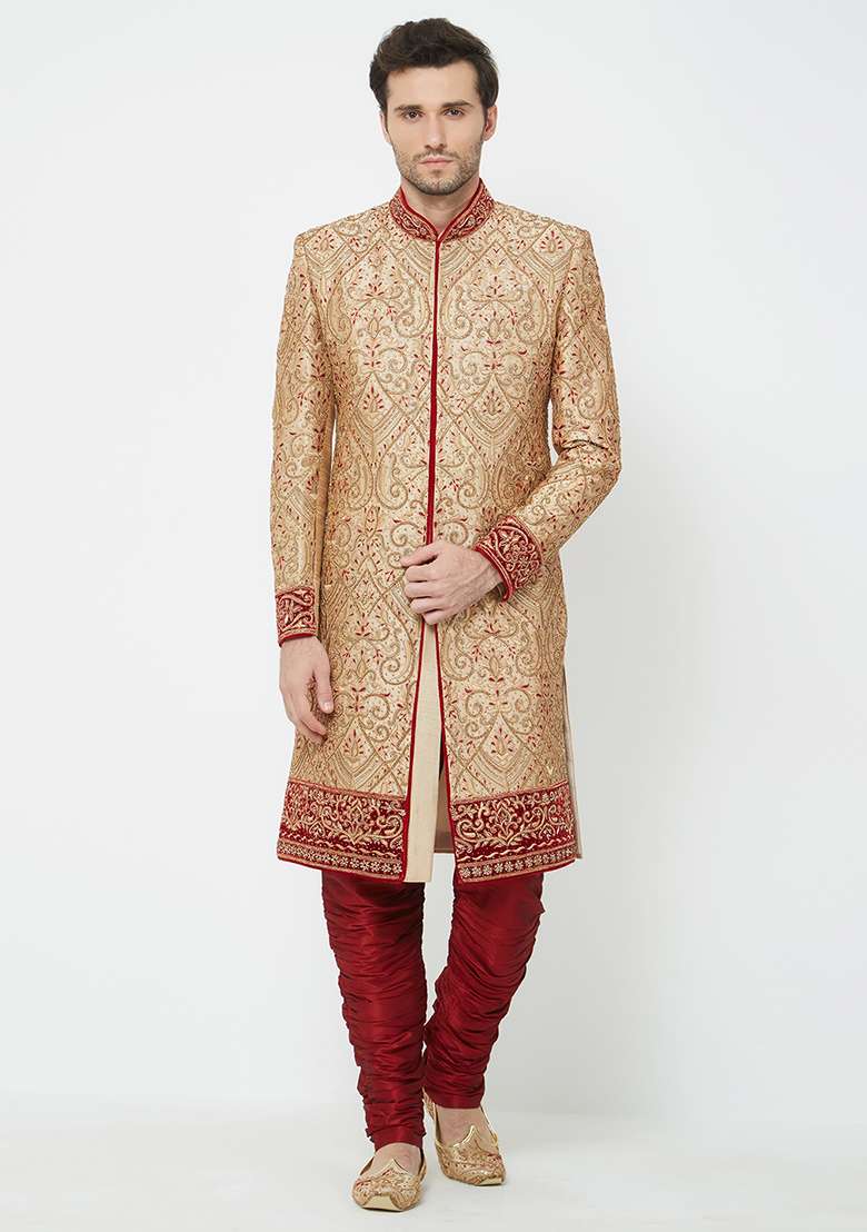 Gold Embroidered Silk Sherwani For Men - Indya