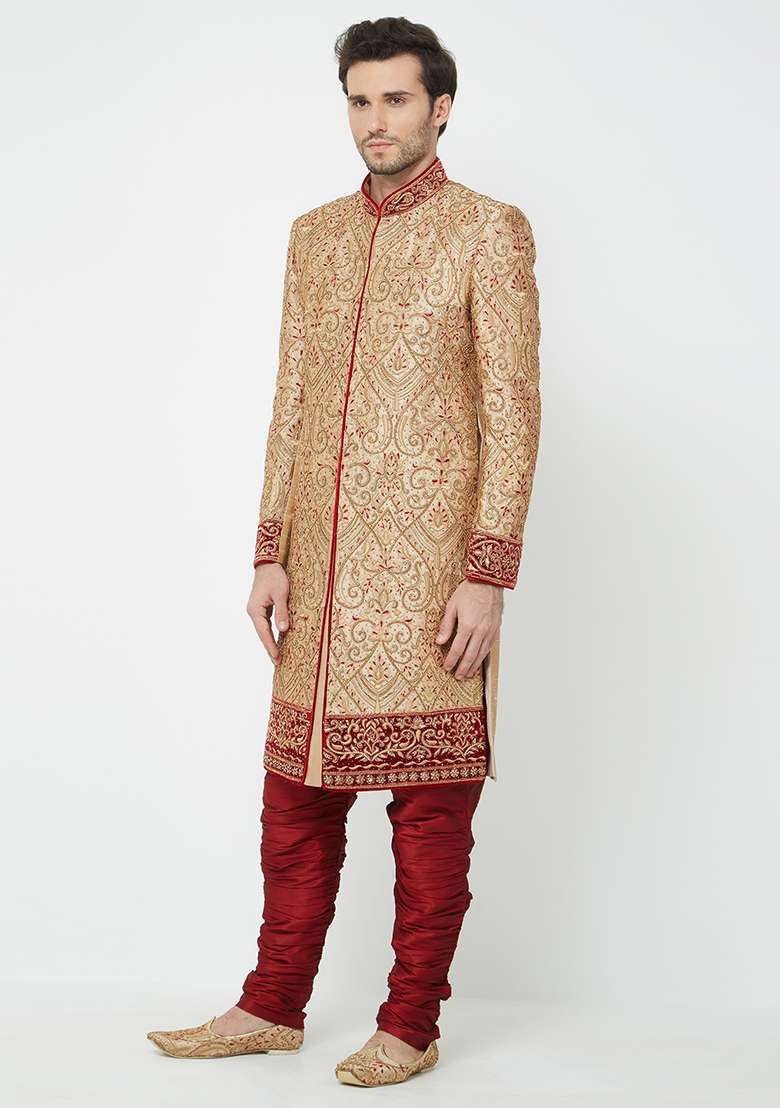 Gold Embroidered Silk Sherwani For Men - Indya