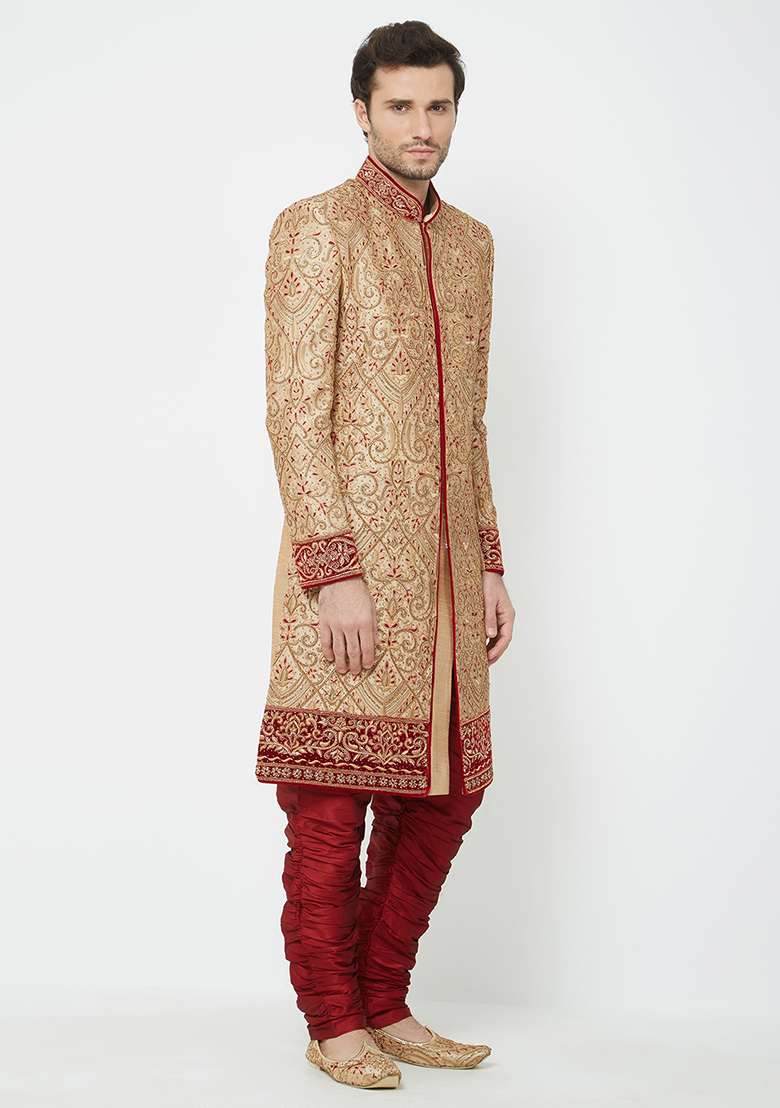 Gold Embroidered Silk Sherwani For Men - Indya