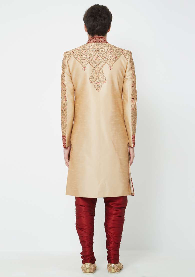 Gold Embroidered Silk Sherwani For Men - Indya
