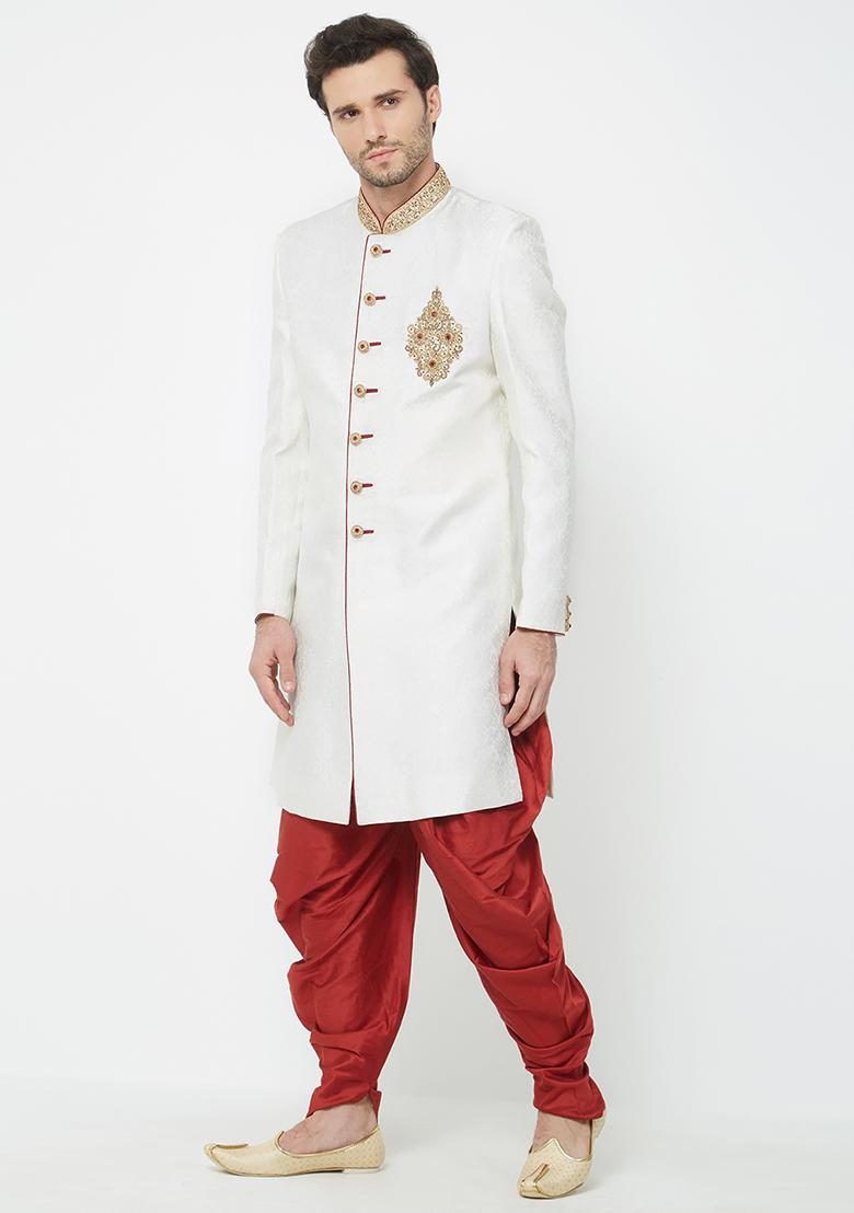 Cream Embroidered Silk Sherwani For Men