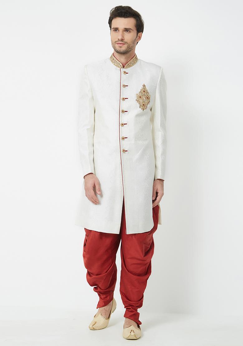 Cream Embroidered Silk Sherwani For Men