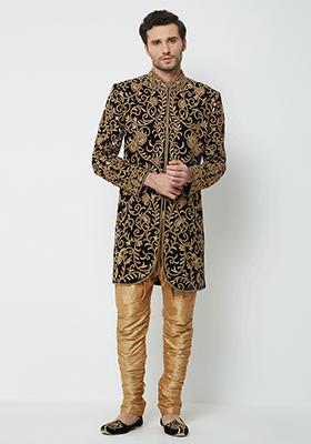 Black Embroidered Silk Sherwani For Men