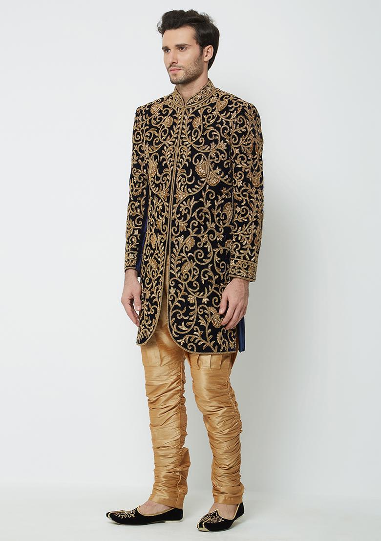 Black Embroidered Silk Sherwani For Men
