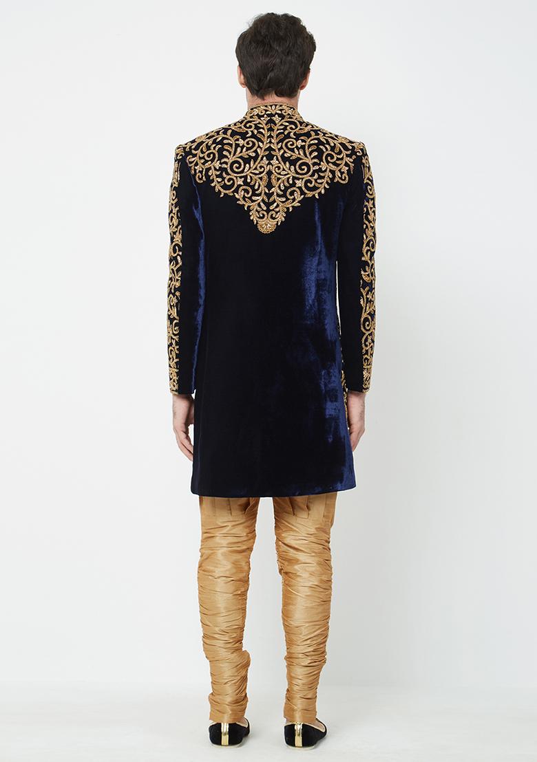 Black Embroidered Silk Sherwani For Men