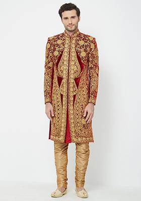 Maroon Embroidered Silk Sherwani For Men