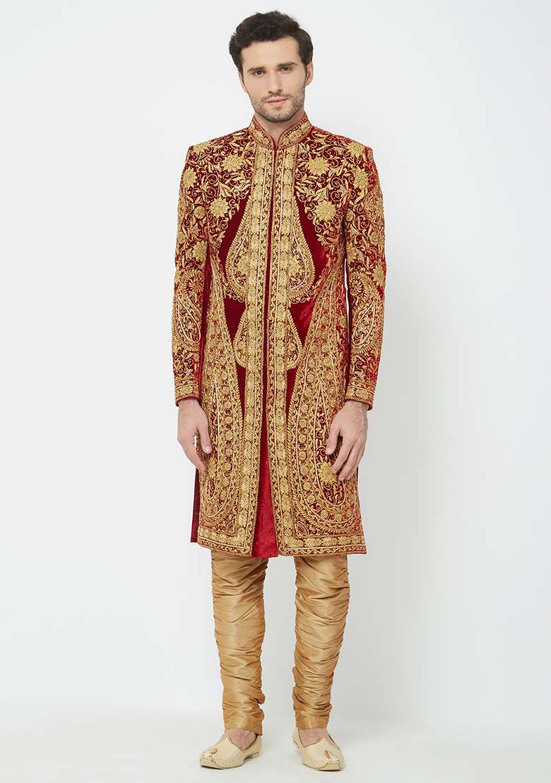 Maroon Embroidered Silk Sherwani For Men - Indya