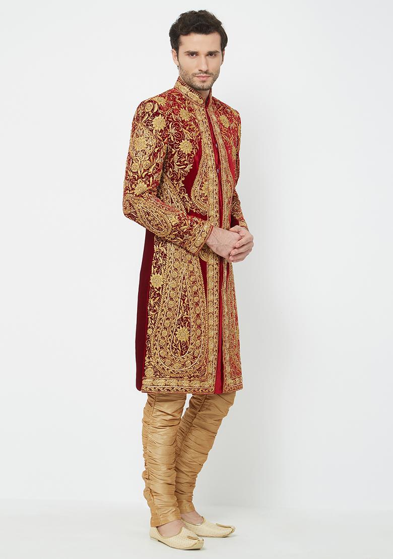 Maroon Embroidered Silk Sherwani For Men