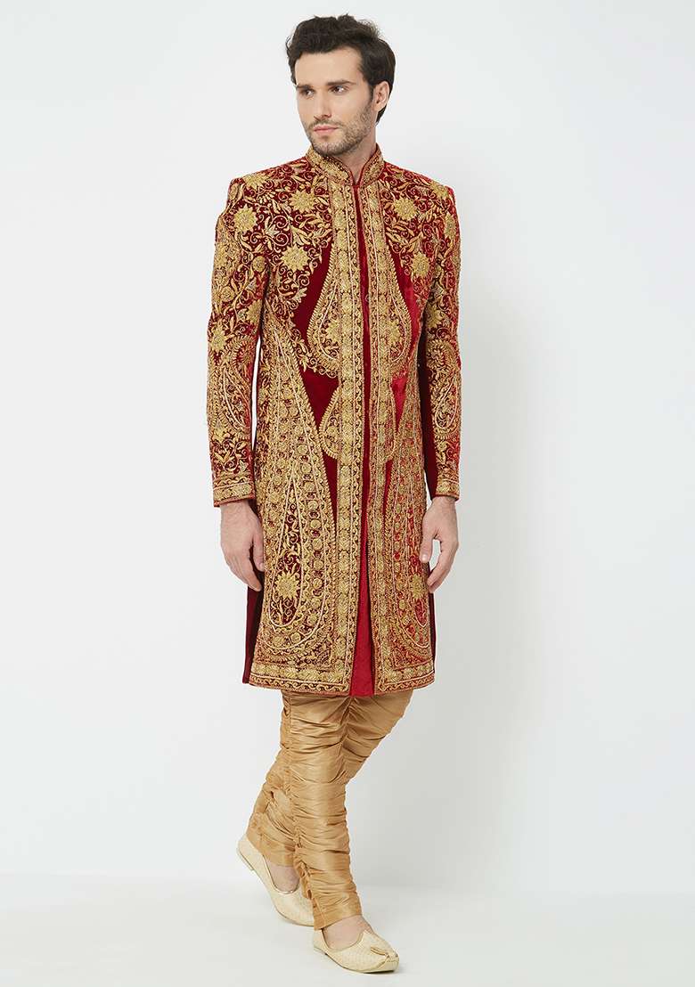 Maroon Embroidered Silk Sherwani For Men - Indya