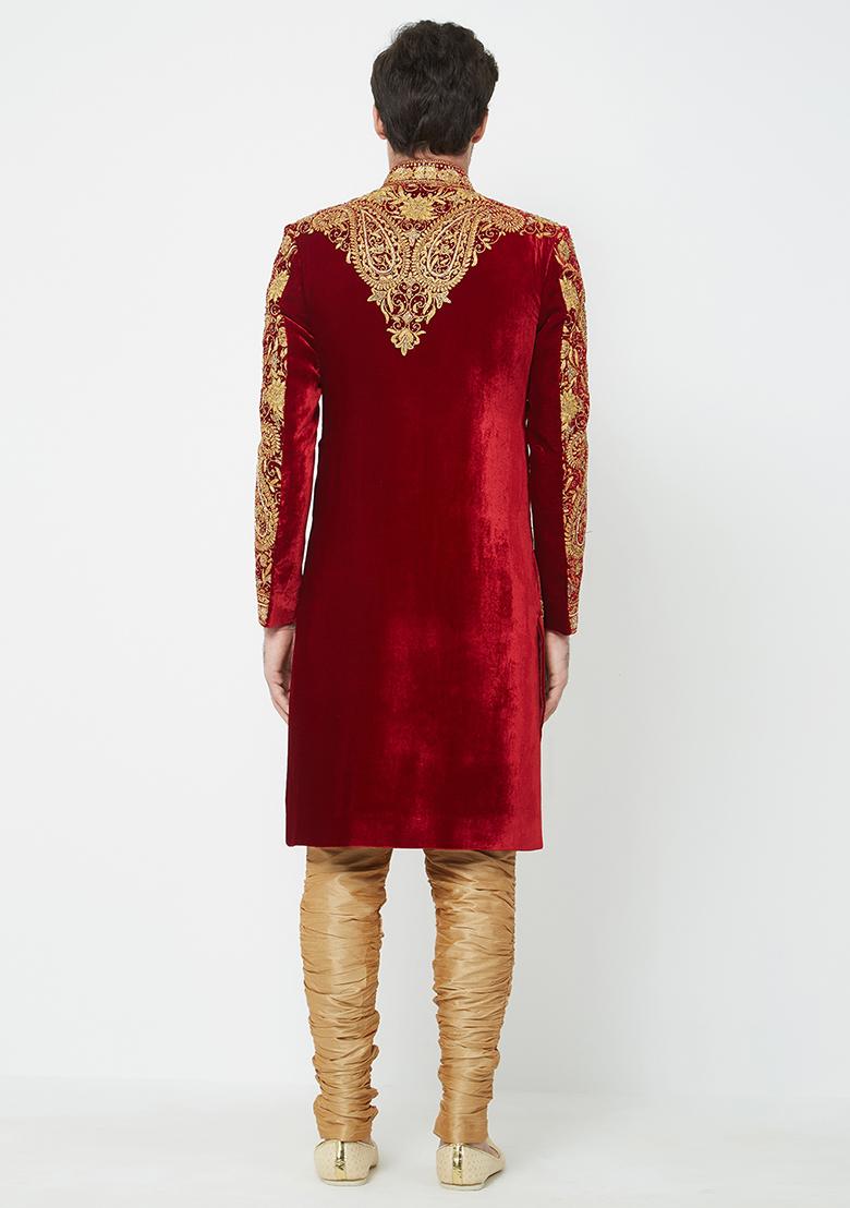 Maroon Embroidered Silk Sherwani For Men